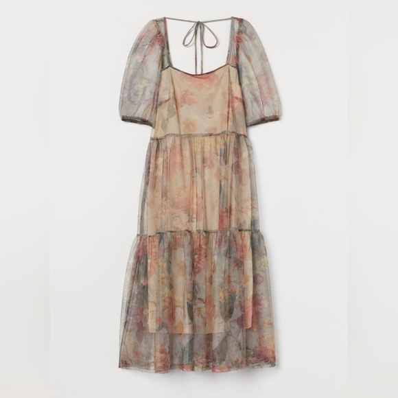 H&M Dresses & Skirts - H&M HM Puff-Sleeved FLORAL MESH DRESS PINK GREY FLORAL ORGANZA SHEER MIDI
